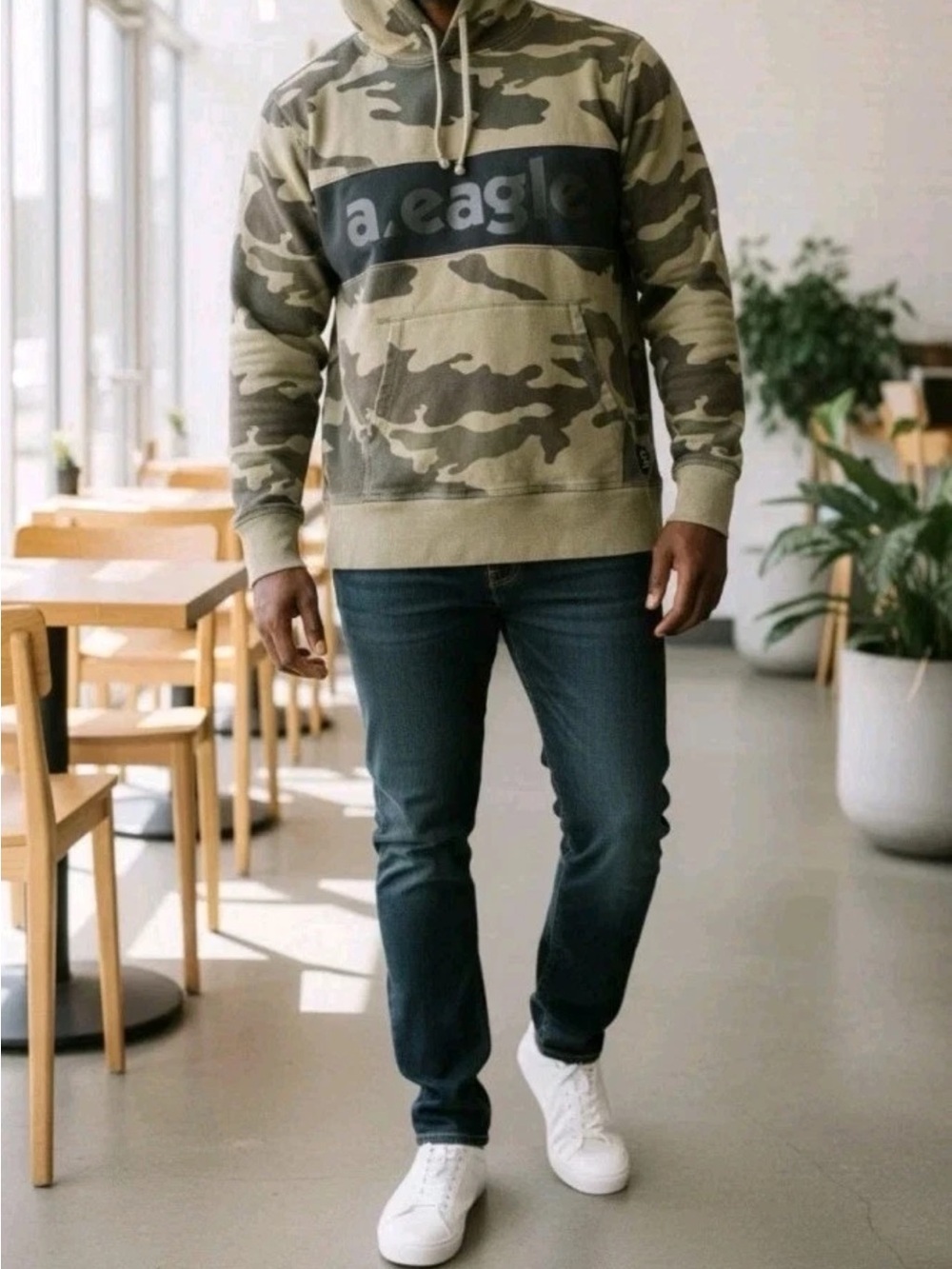 American Eagle Camo Hoodie Men’s XXL Pullover Sweatshirt Green Camouflage Logo